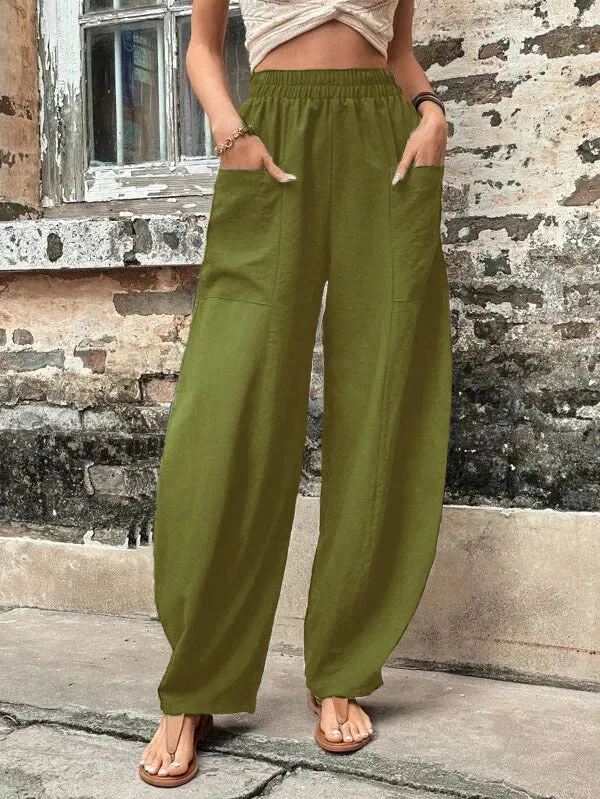 Women's Solid Colour Trousers with Elastic Waist and Pockets  Perfect for Everyday Wear