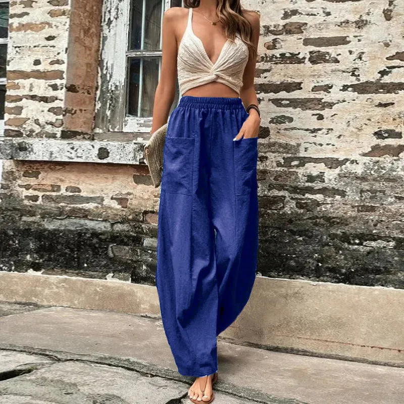 Women's Solid Colour Trousers with Elastic Waist and Pockets  Perfect for Everyday Wear